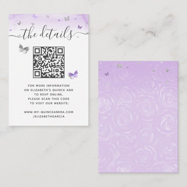 Elegant Light Purple Silver Butterfly RSVP QR Code Enclosure Card (Front/Back)
