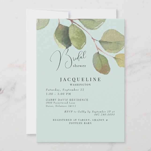Elegant Light Sage Eucalyptus Bridal Shower Invitation (Front)