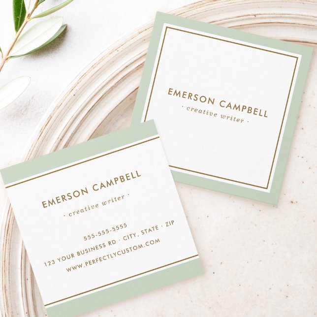 Elegant light sage green border minimal square business card (Elegant light sage green border minimal square business card)