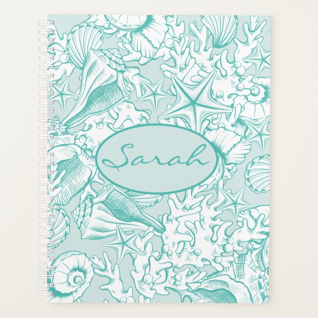 Elegant Light Sea Green Personalized Seashell Planner (Front)