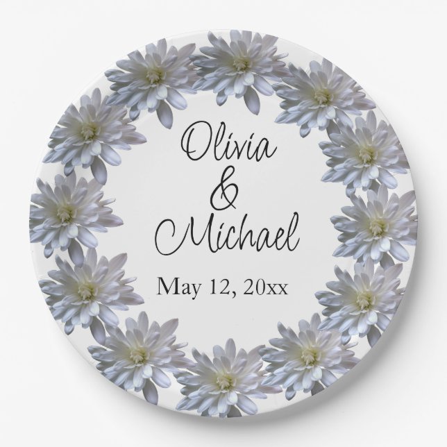 Elegant light soft white floral flower daisies paper plates (Front)