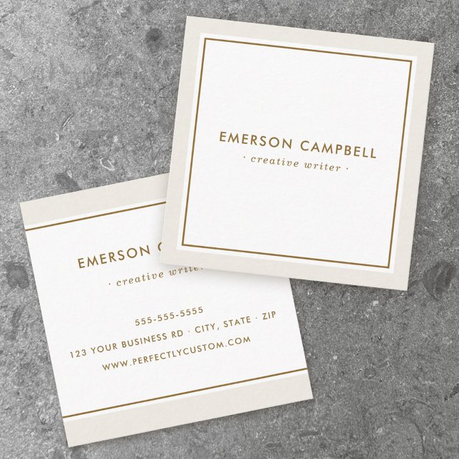 Elegant light tan brown border minimal square business card (Creator Uploaded)
