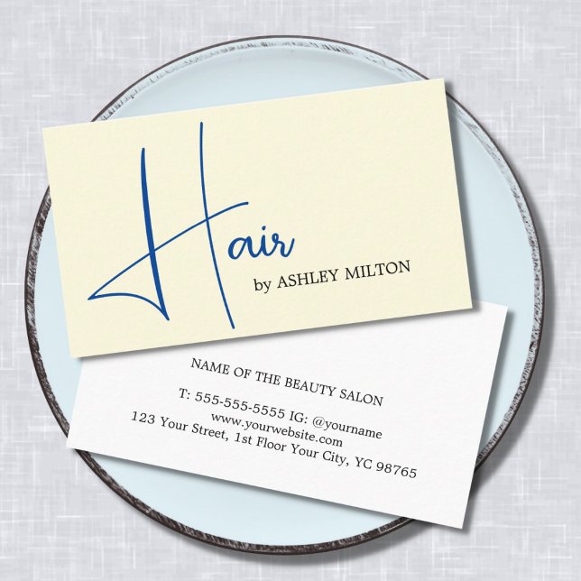 Elegant Light Yellow Blue Bold Hair Stylist Business Card (Creator Uploaded)