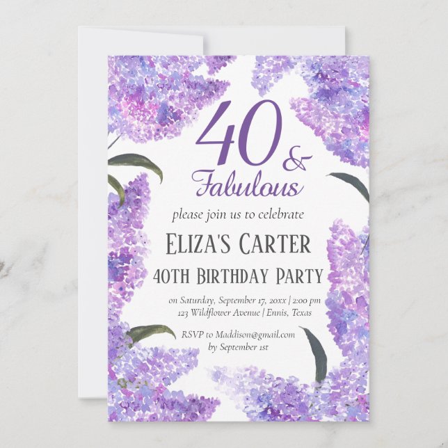 Elegant Lilac 40th Forty Wildflower Birthday  Invitation (Front)