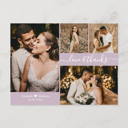 Elegant Lilac 4 Photo Collage Wedding Thank You Postcard