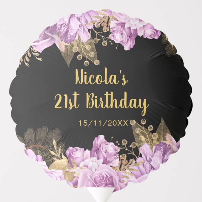 Elegant Lilac and Gold Flowers Birthday Party Balloon (Front)
