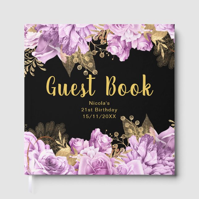 Elegant Lilac and Gold Flowers Birthday Party Guest Book (Front)