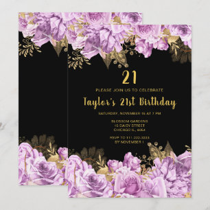 Elegant Lilac and Gold Flowers Birthday Party Invitation