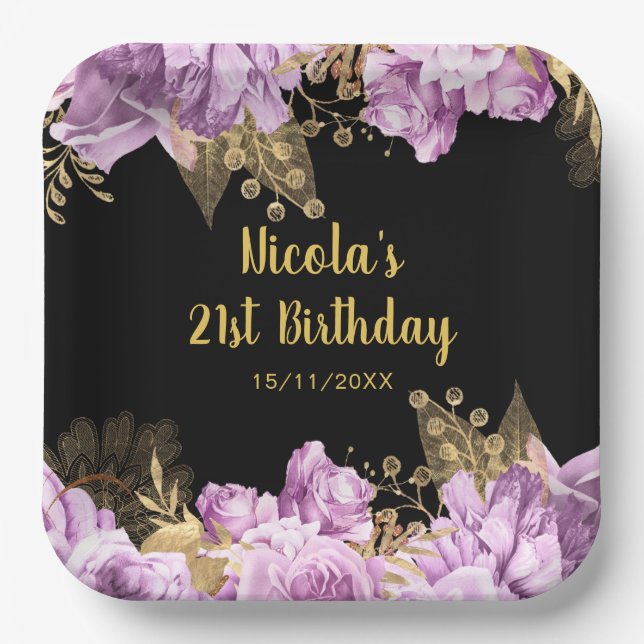 Elegant Lilac and Gold Flowers Birthday Party Paper Plates (Front)