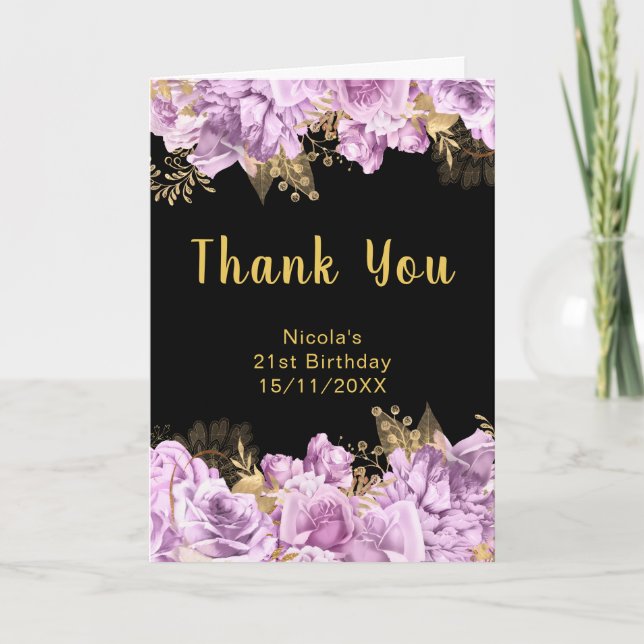 Elegant Lilac and Gold Flowers Birthday Party Thank You Card (Front)