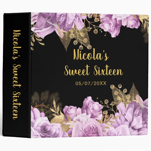 Elegant Lilac and Gold Flowers Sweet Sixteen 3 Ring Binder (Front/Spine)