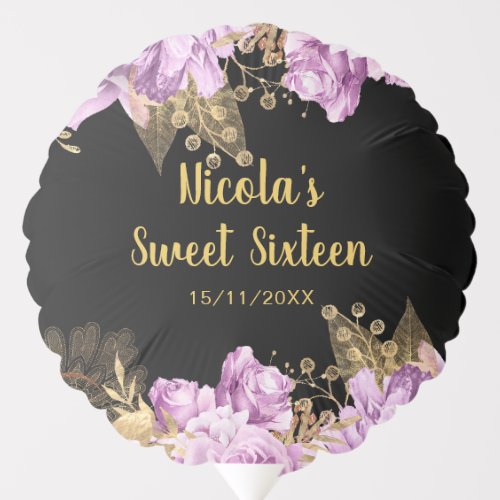Elegant Lilac and Gold Flowers Sweet Sixteen Balloon