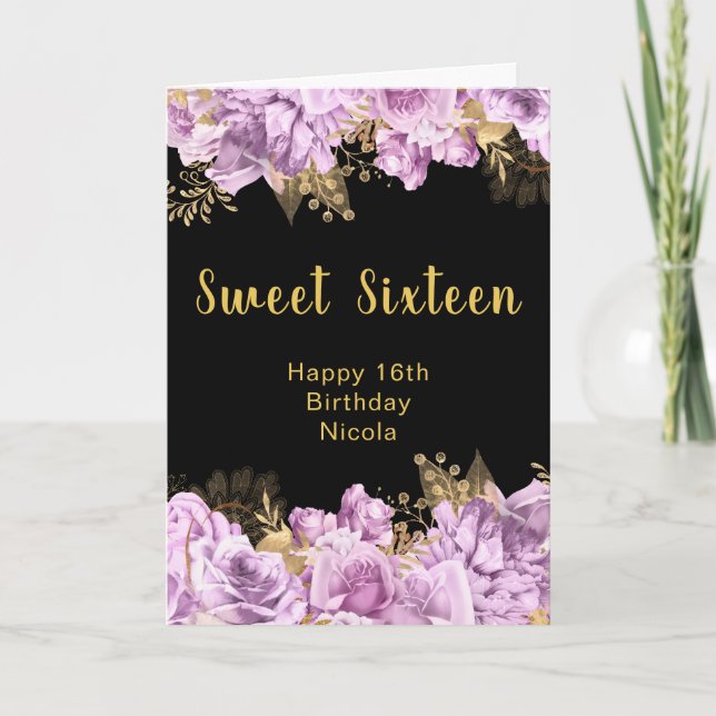 Elegant Lilac and Gold Flowers Sweet Sixteen Card (Front)