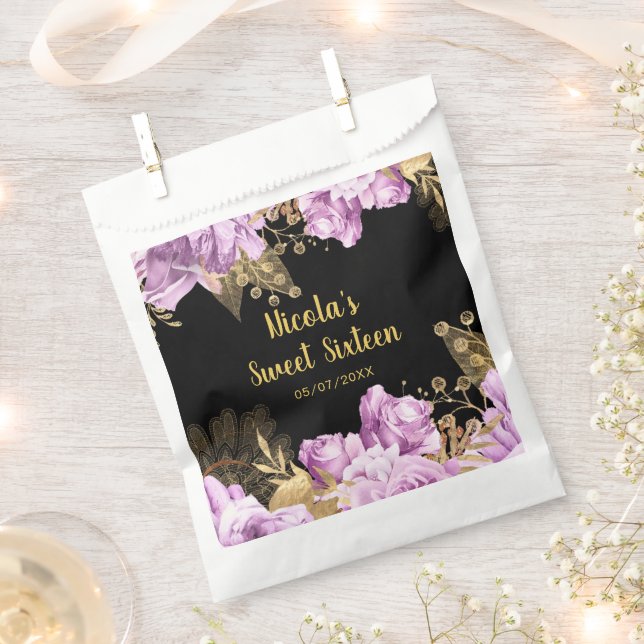 Elegant Lilac and Gold Flowers Sweet Sixteen Favor Bag (Clipped)
