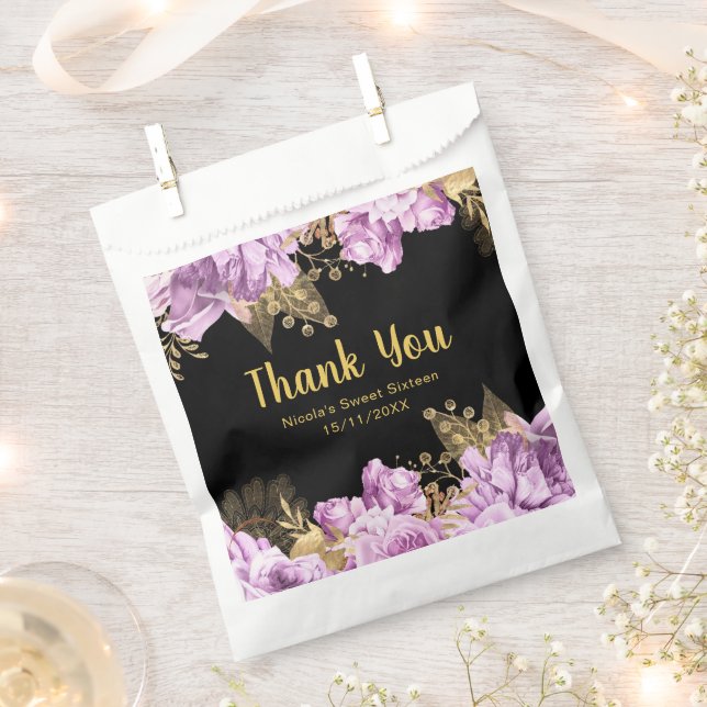 Elegant Lilac and Gold Flowers Sweet Sixteen Favor Bag (Clipped)