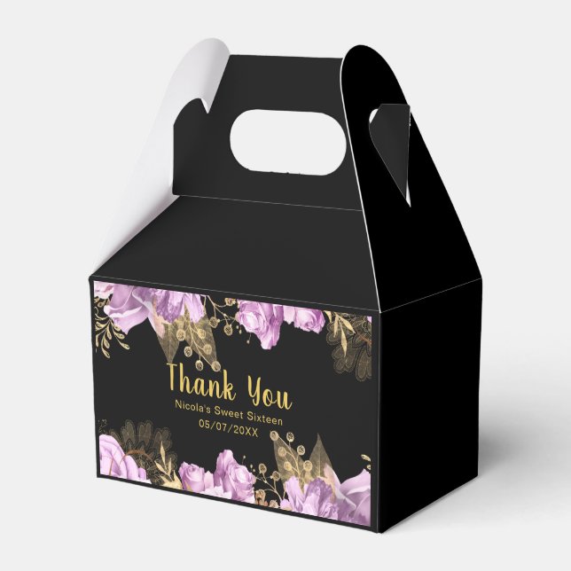Elegant Lilac and Gold Flowers Sweet Sixteen Favor Boxes (Front Side)