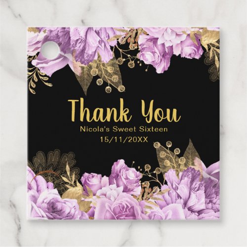 Elegant Lilac and Gold Flowers Sweet Sixteen Favor Tags