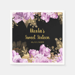 Elegant Lilac and Gold Flowers Sweet Sixteen Napkins