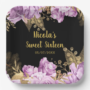 Elegant Lilac and Gold Flowers Sweet Sixteen Paper Plates