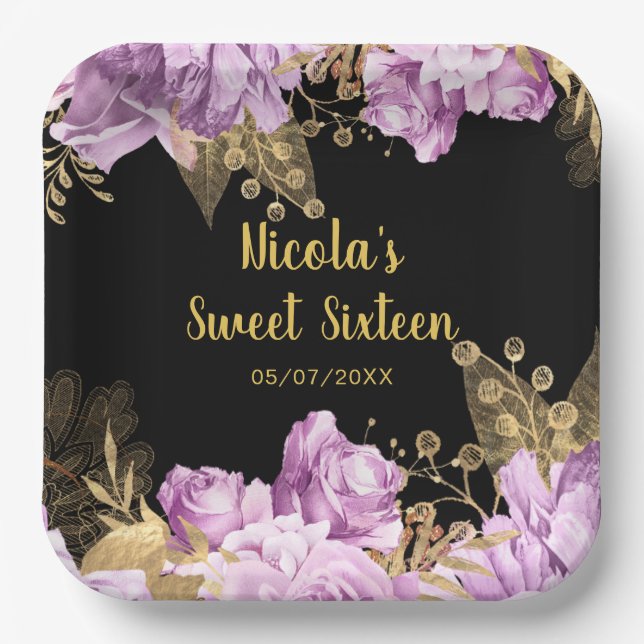 Elegant Lilac and Gold Flowers Sweet Sixteen Paper Plates (Front)
