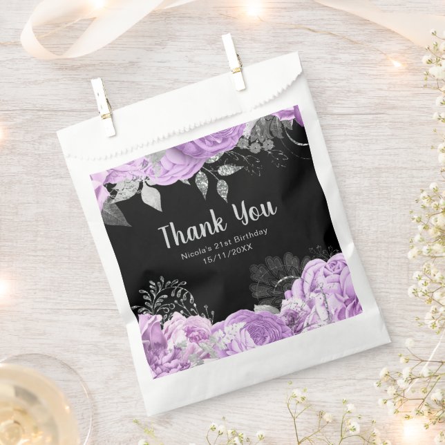 Elegant Lilac and Silver Flowers Birthday Party Favor Bag (Clipped)
