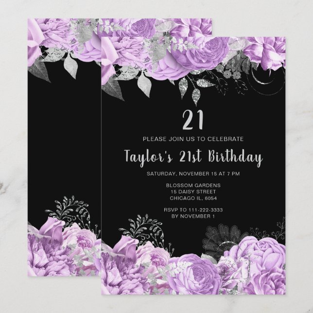 Elegant Lilac and Silver Flowers Birthday Party Invitation (Front/Back)