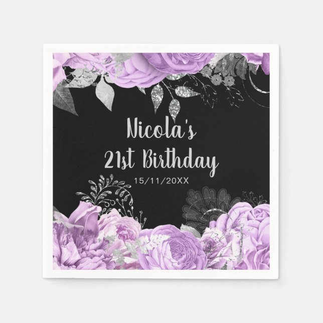 Elegant Lilac and Silver Flowers Birthday Party  Napkins (Front)