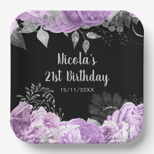 Elegant Lilac and Silver Flowers Birthday Party  Paper Plates (Front)
