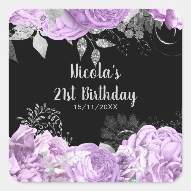 Elegant Lilac and Silver Flowers Birthday Party Square Sticker (Front)