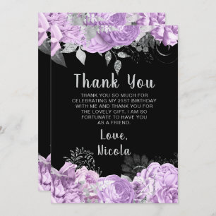 Elegant Lilac and Silver Flowers Birthday Party Thank You Card