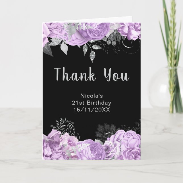 Elegant Lilac and Silver Flowers Birthday Party Thank You Card (Front)