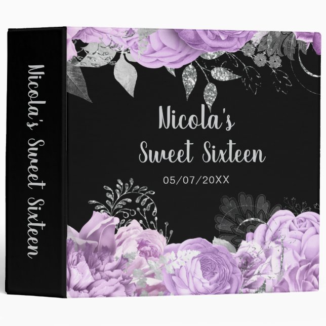 Elegant Lilac and Silver Flowers Sweet Sixteen 3 Ring Binder (Front/Spine)