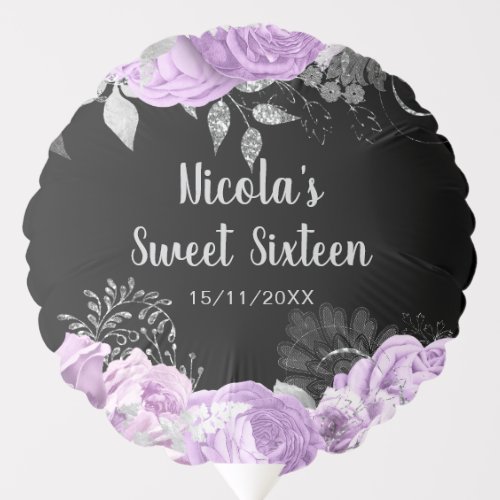 Elegant Lilac and Silver Flowers Sweet Sixteen Balloon