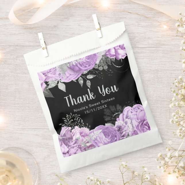 Elegant Lilac and Silver Flowers Sweet Sixteen Favor Bag (Clipped)