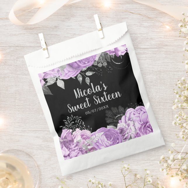 Elegant Lilac and Silver Flowers Sweet Sixteen Favor Bag (Clipped)