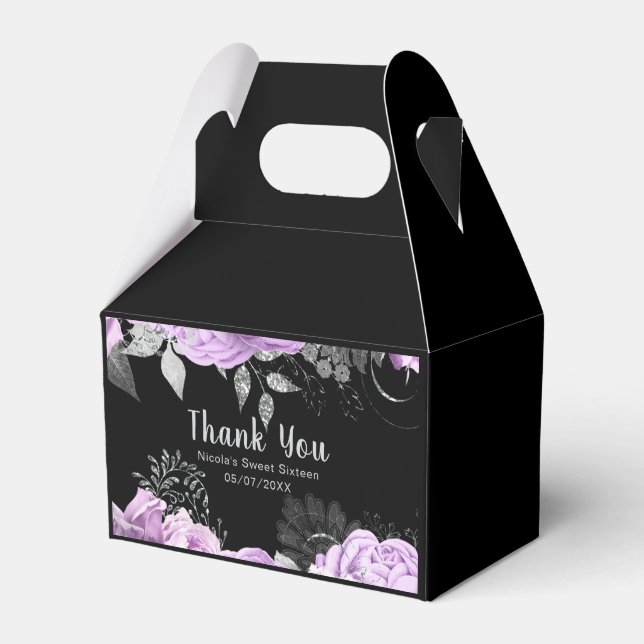 Elegant Lilac and Silver Flowers Sweet Sixteen Favor Boxes (Front Side)