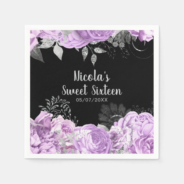 Elegant Lilac and Silver Flowers Sweet Sixteen Napkins (Front)