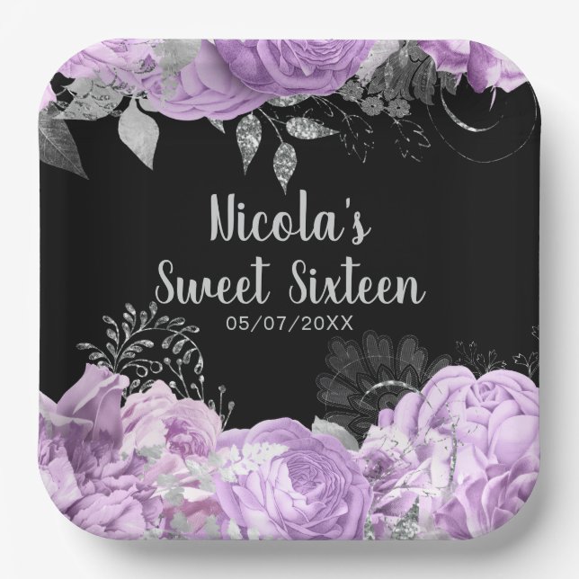 Elegant Lilac and Silver Flowers Sweet Sixteen Paper Plates (Front)