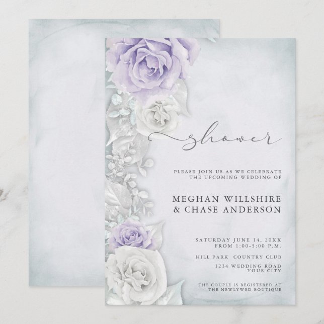 Elegant Lilac and White  Roses Wedding Shower Invitation (Front/Back)