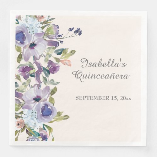 Elegant Lilac Blue Floral Horizontal Quinceaera  Paper Dinner Napkins