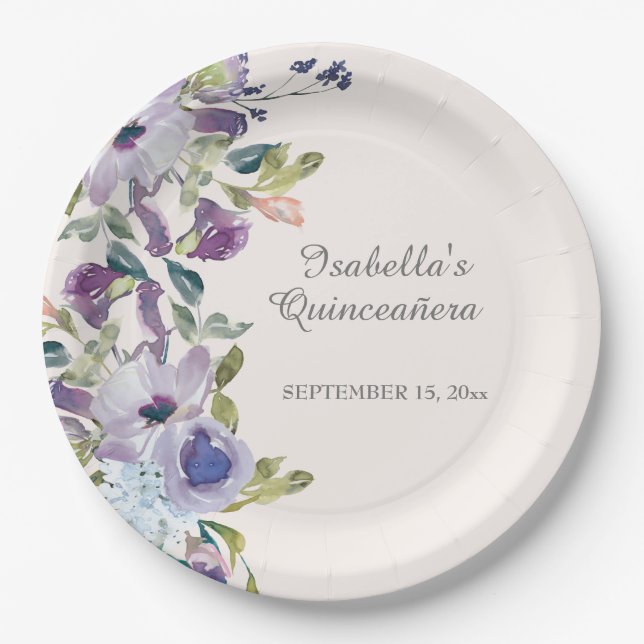 Elegant Lilac Blue Floral Horizontal Quinceañera  Paper Plates (Front)