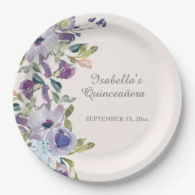 Elegant Lilac Blue Floral Horizontal Quinceañera Paper Plates | Zazzle