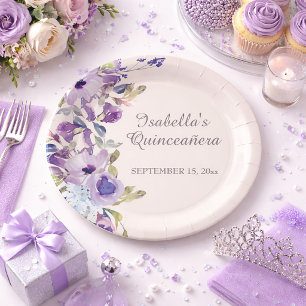 Elegant Lilac Blue Floral Horizontal Quinceañera  Paper Plates