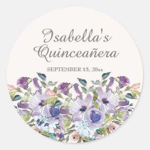 Elegant Lilac Blue Floral Quinceaera Name Date Classic Round Sticker