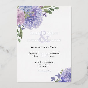Elegant Lilac & Blue Hydrangeas Floral Bouquets Foil Invitation