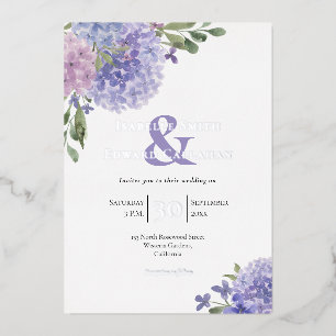 Elegant Lilac & Blue Hydrangeas Floral Bouquets Foil Invitation