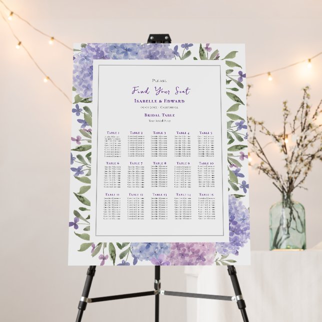 Elegant Lilac Blue Hydrangeas Wedding Seating Plan Foam Board (In Situ (Stand))