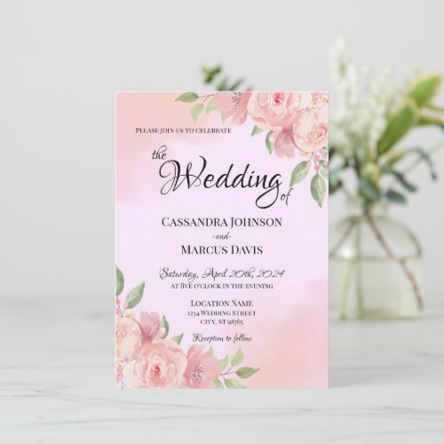 Elegant Lilac Blush Pink Floral Watercolor Wedding Invitation