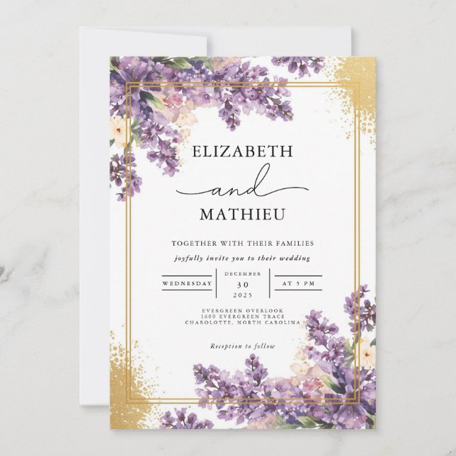 Elegant Lilac Botanical Gold Wedding Invitation (Front)