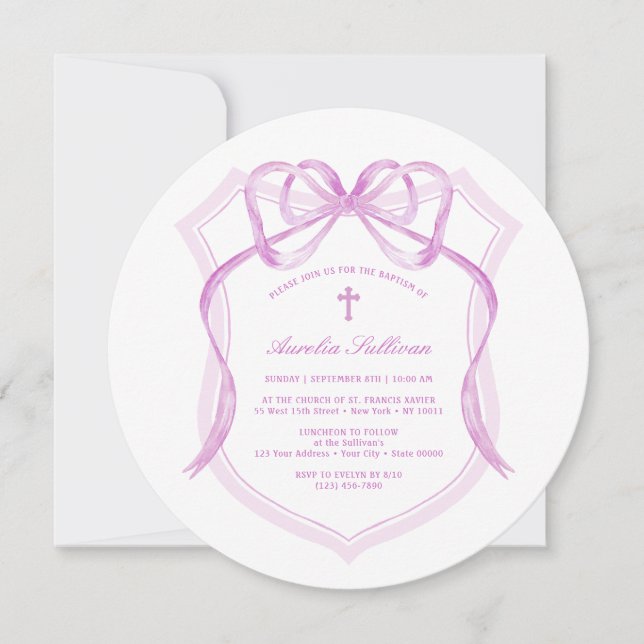Elegant Lilac Bow Crest Baptism Invitation (Front)